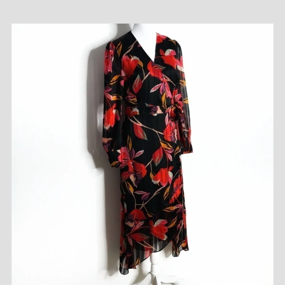 Adelyn Rae Wrap Dress High Low Chiffon Long Sleeve Black Red Print Sheer Sleeve